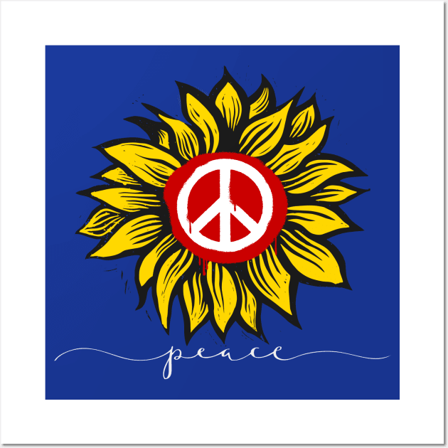 Peace for Ukraine!  with Ukraine's National Sunflower and Peace Symbol on a Dark Background Wall Art by Puff Sumo